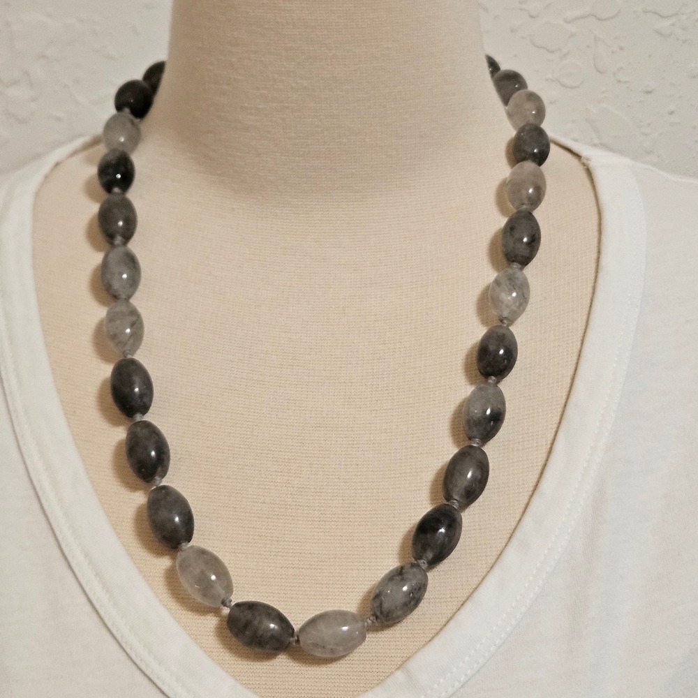Smoky Gray Quartz Oval Bead Necklace Hand Knotted Modern Statement Jewelry‎